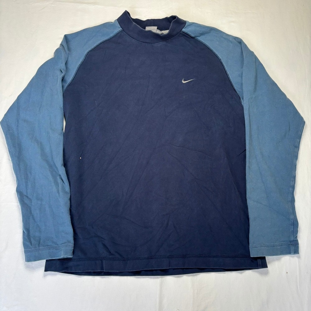 Nike Shirt Mens Large Blue Long Sleeve Mock Neck Colorblock Raglan Stretch